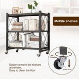 3-Tier Foldable Storage Shelf with Wheels - Metal Collapsible Shelving Unit Display, Rolling Cart for Books Kitchen Storage Shelves - Black