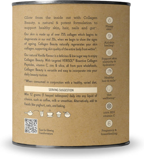 Nutra Organics Collagen Beauty Vanilla 225g | Low Sugar, Non-Dairy, Drink Mix w/Vitamin C | Collagen Powder that Supports Skin Elasticity & Hydration, Healthy Hair, Nails, & Gut Wellbeing (18 Serves)