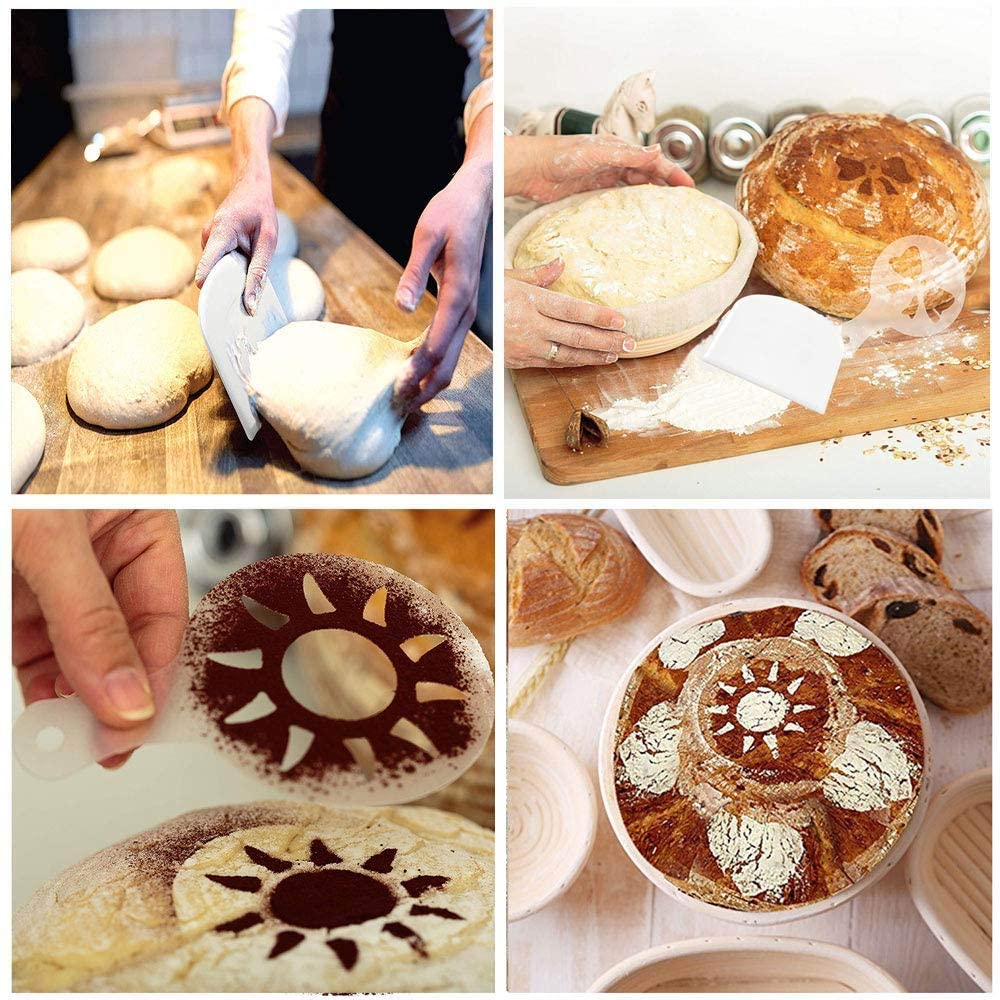 Bread Proofing Basket 9 Inch, Professional Baking Tool 7 Pack Set, Includes Banneton Proofing Basket, Cloth Liner, Bread Bag, Scoring Lame, Whisk, Scraper, Stencils, for Professional and Home Baker …