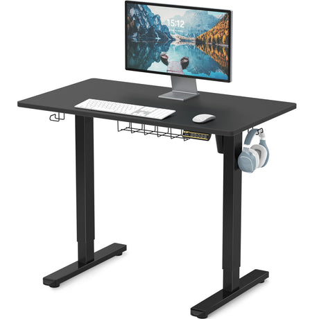 SHW 100 x 55 cm Electric Standing Desk, Whole Piece Desktop Height Adjustable Sit to Stand Desk with Hanging Hooks and Cable Management, White Frame with White Top