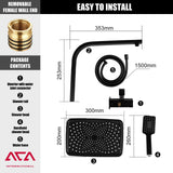 ACA International 12" Rectangle Extra Large High Pressure Shower Head Handheld Gooseneck Arm 2 in 1 Diverter Set, 3-Mode Handheld Shower Hand, Full Body Shower Set for Bathroom (Black)