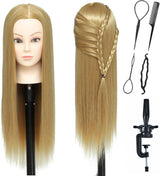 26-28'' Mannequin Head Synthetic Fiber Hair Styling Training Head Dolls for Cosmetology Manikin Maniquins Practice Head with Table Clamp Holder （27#）