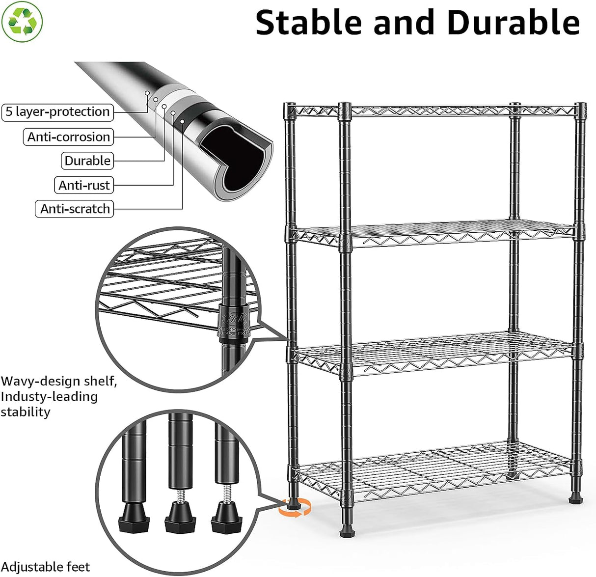 MZG 454kg Capacity Heavy Duty 4-Tier Metal Storage Shelving Unit, Adjustable Steel Wire Rack Organizer for Home, Kitchen, or Office (Chrome, 35L x 75W x 120H cm)