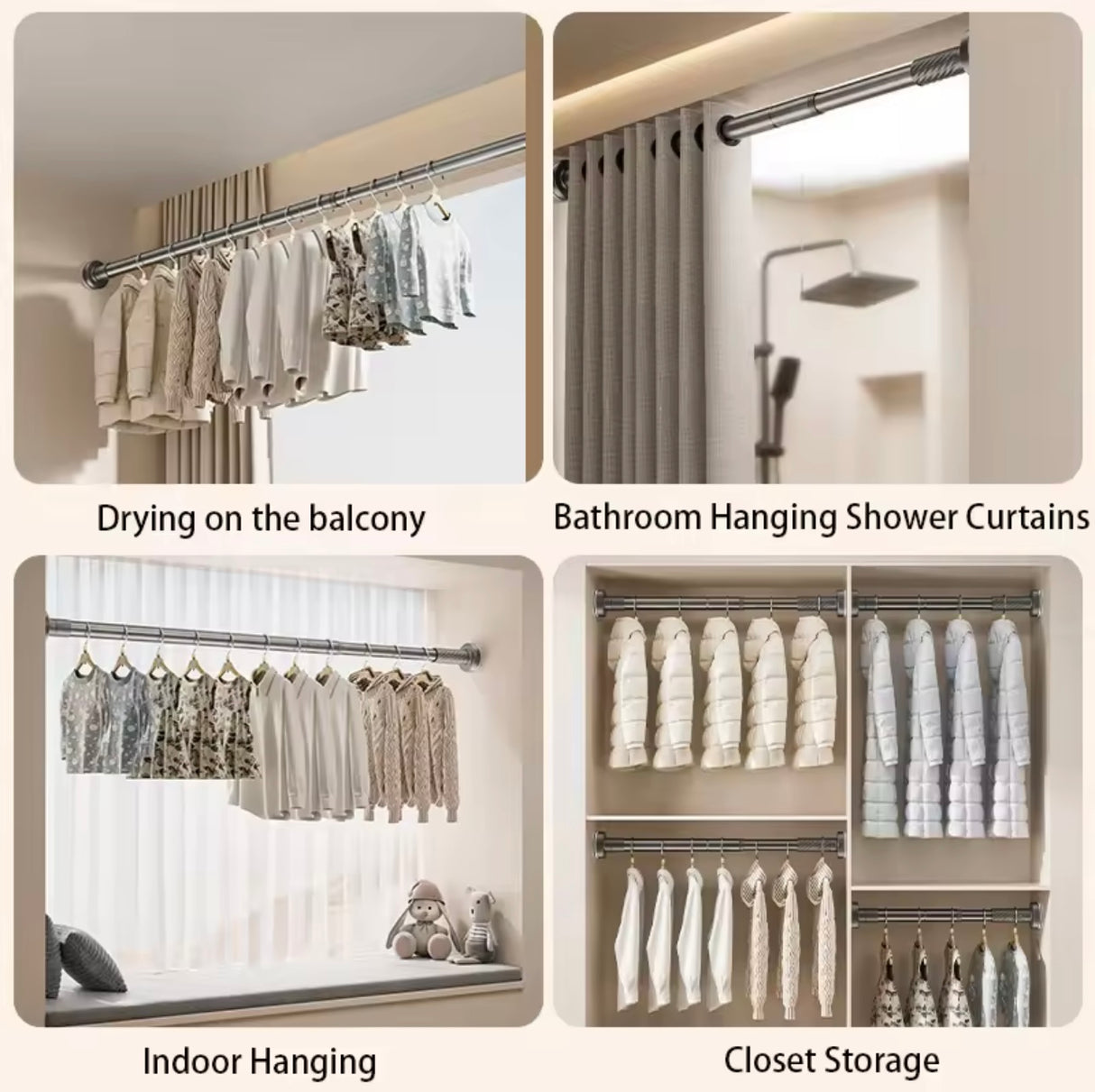 Adjustable Stainless Steel Drying Rack,Telescopic Curtain Rod for Bathroom,No Punch Expandable Pole for Clothes Quilt
