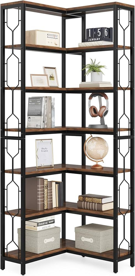 Corner Shelf, 7-Tier Industrial Corner Bookshelf, Wood and Metal Etagere Bookcase, Freestanding Display Shelf for Living Room, Kitchen, Home Office, Rustic Brown
