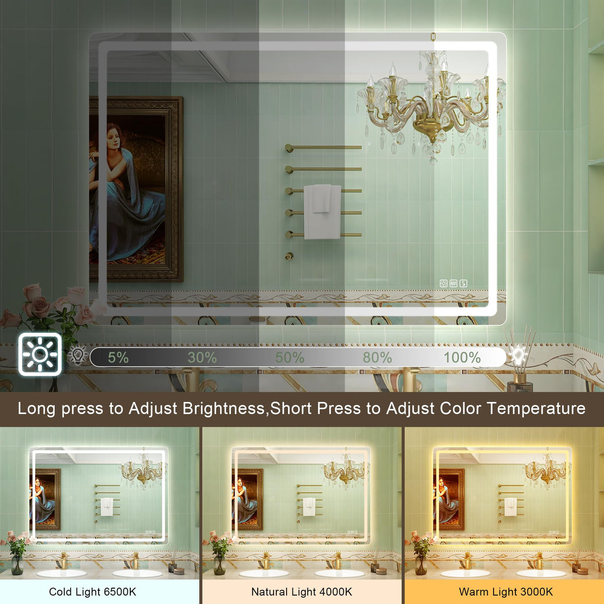 700 x 1000MM LED Bathroom Mirror with Lights, Wall-Mounted with Bluetooth Speaker, Anti-Fog, 3 Color Temperature, Dimmable Brightness, Tempered Glass, Frontlit & Backlit