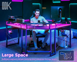 ODK L Shaped Computer Desk, Gaming Desk LED Light Strip and 2 USB 3 Charging Port, Gaming Table with Monitor Surface, Gaming Desks Workstations, Texture Black