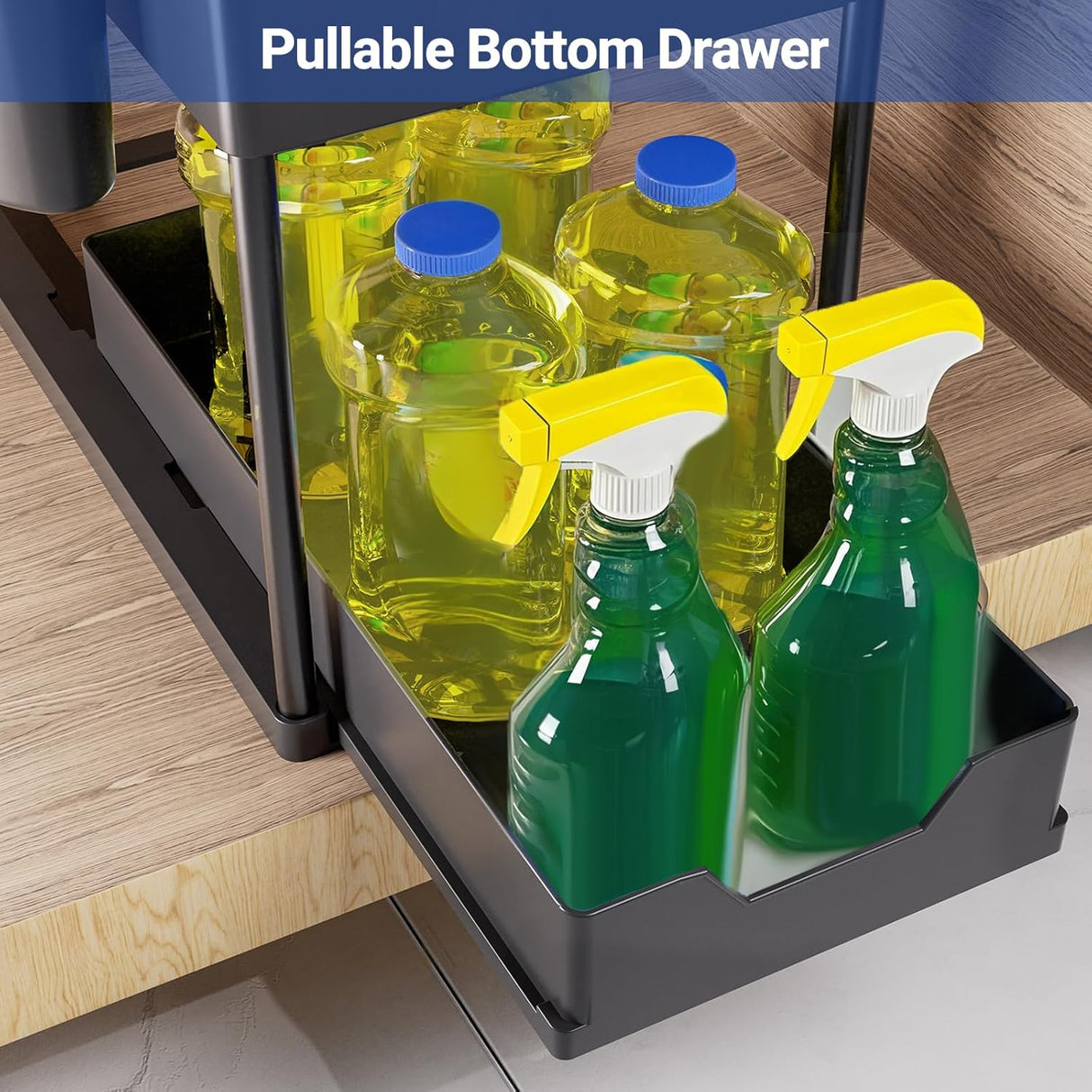 Puricon 1 Pack Under Sink Organizers and Storage Pull Out Sliding Drawer, 2 Tier Multi-Purpose Kitchen Under The Sink Organizer Under Bathroom Sink Shelf Storage Rack for Countertop Laundry -Black