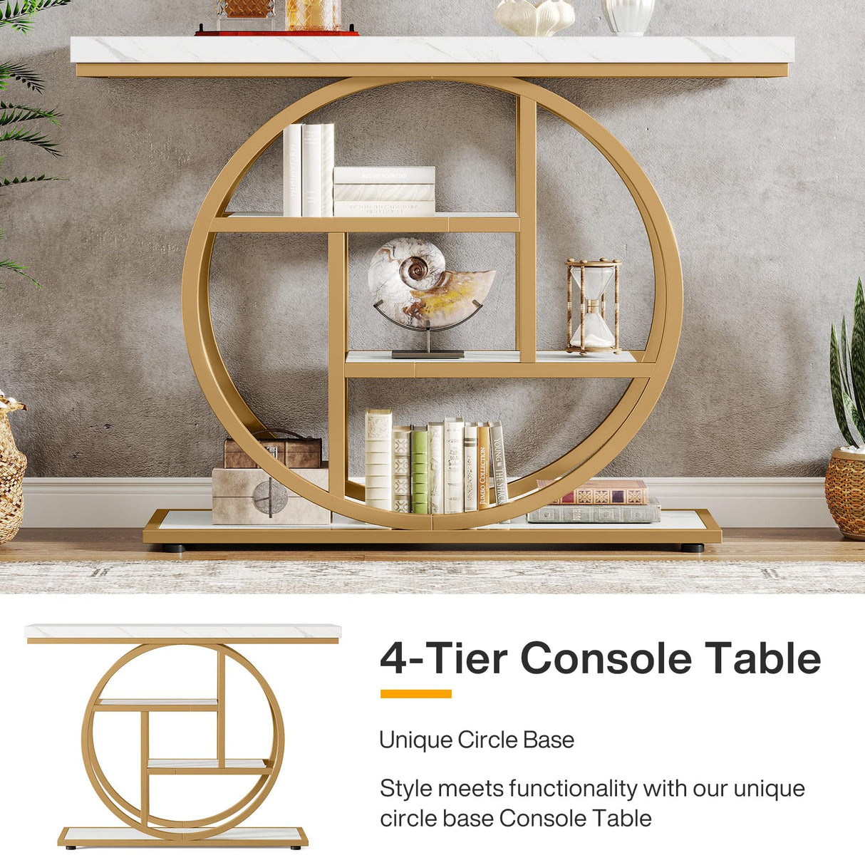 Console Table, 105 cm Industrial 4-Tier Sofa Table Entryway Table with Circle Base, Narrow Wood Accent Tables with Storage Shelves for Living Room, Hallway, Foyer (White Gold)