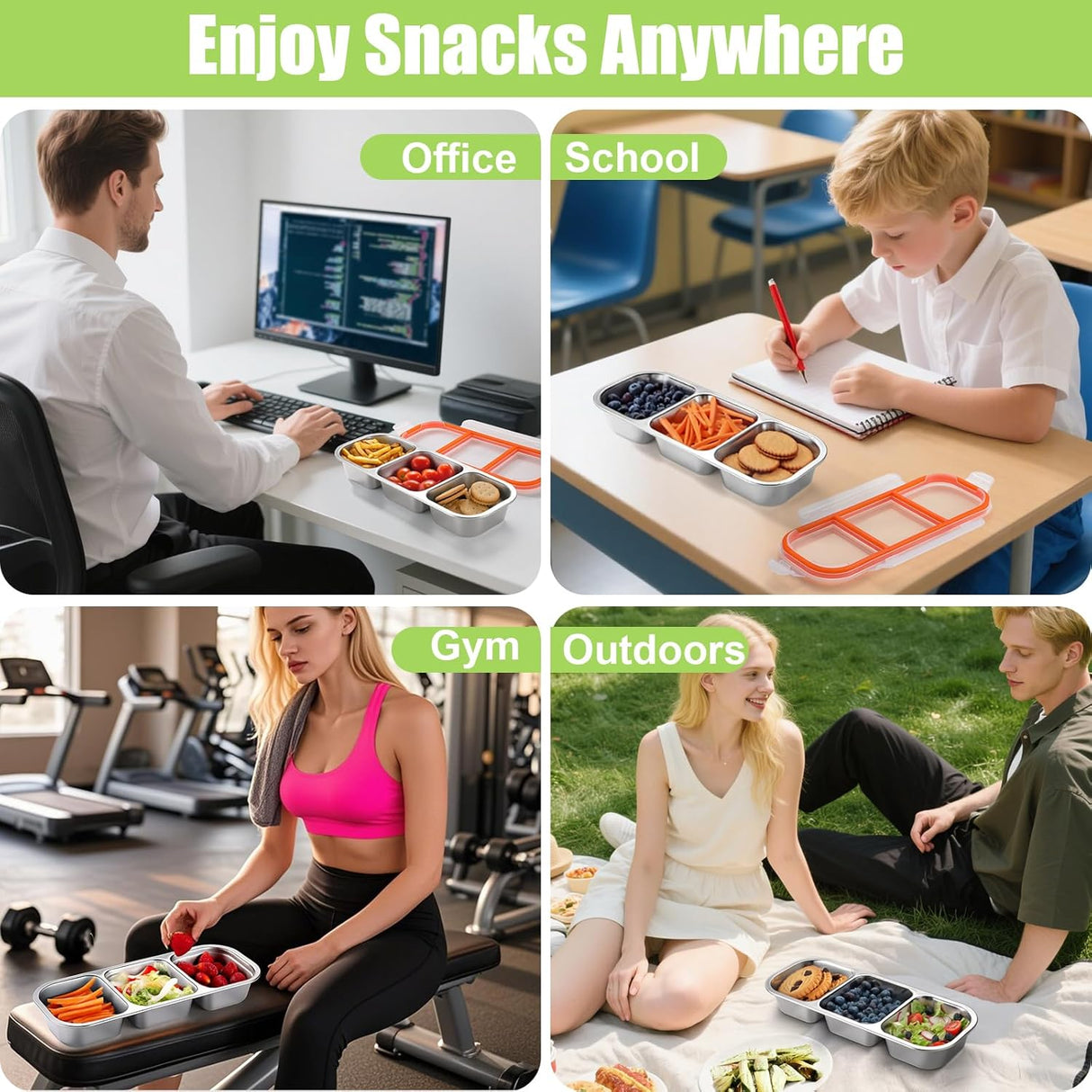 Abekuta Stainless Steel Snack Containers, Reusable Condiment Box with Lids, 3 Compartment Sauce Cups, Divided Food Storage Containers for School, Home, Travel