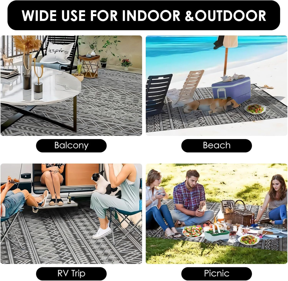 DAWNTREES Large Waterproof Outdoor Rug for Patio, 152×244cm Reversible Mat – Plastic Camping Rug for RV, Porch, Deck, Camper, Balcony (Bohemia, 152×244cm)