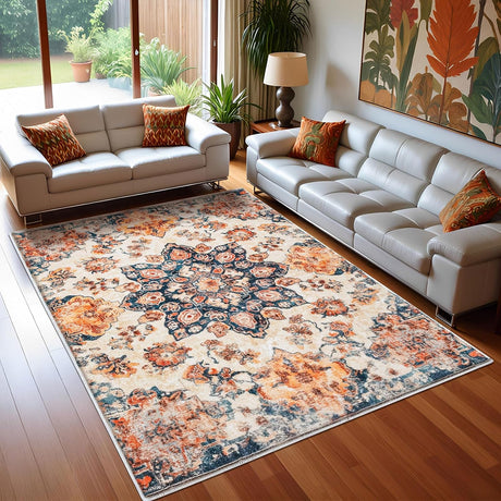 Area Rug Vintage Living Room Rugs Soft Area Rug Machine Washable Carpet Non Slip Rugs for Bedroom Dining Kitchen Indoor Floor Rug (Vintage Caramel Beige)(120 * 160CM)