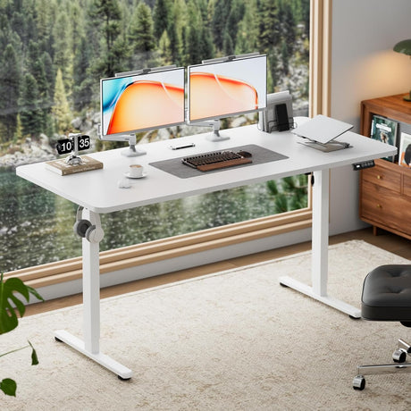 BilySen Electric Standing Desk 140x60cm (55.1"x23.6"), Height Adjustable Sit Stand Desk with Hooks, Metal Frame Stand up Desk with Powerful Motor, Ergonomic Computer Desk for Home Office (White)