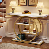 Console Table, 105 cm Industrial 4-Tier Sofa Table Entryway Table with Circle Base, Narrow Wood Accent Tables with Storage Shelves for Living Room, Hallway, Foyer (White Gold)