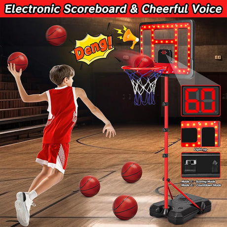 Kids Basketball Hoop Adjustable Height 3.5FT-6.2FT, Indoor Outdoor Toddler Basketball Hoop with LED Scoreboard, Boys Basketball Toy for 3 4 5 6 7 8 Years Gift, Portable Basketball Goals Sport Game