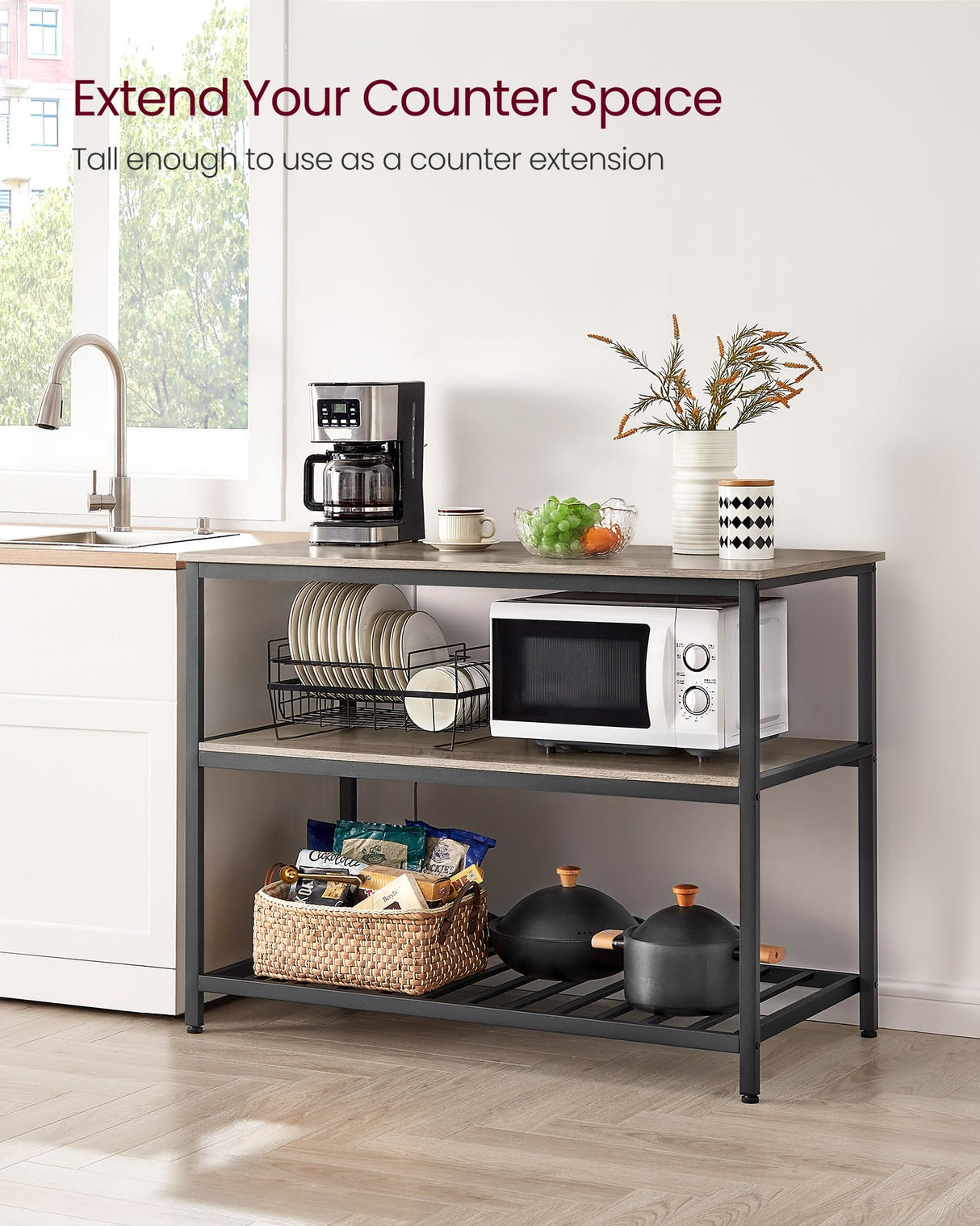 Kitchen Island with 3 Shelves, 47.2 Inches Kitchen Shelf with Large Worktop, Stable Steel Structure, Industrial, Easy to Assemble, Greige and Black