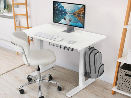SHW 100 x 55 cm Electric Standing Desk, Whole Piece Desktop Height Adjustable Sit to Stand Desk with Hanging Hooks and Cable Management, White Frame with White Top