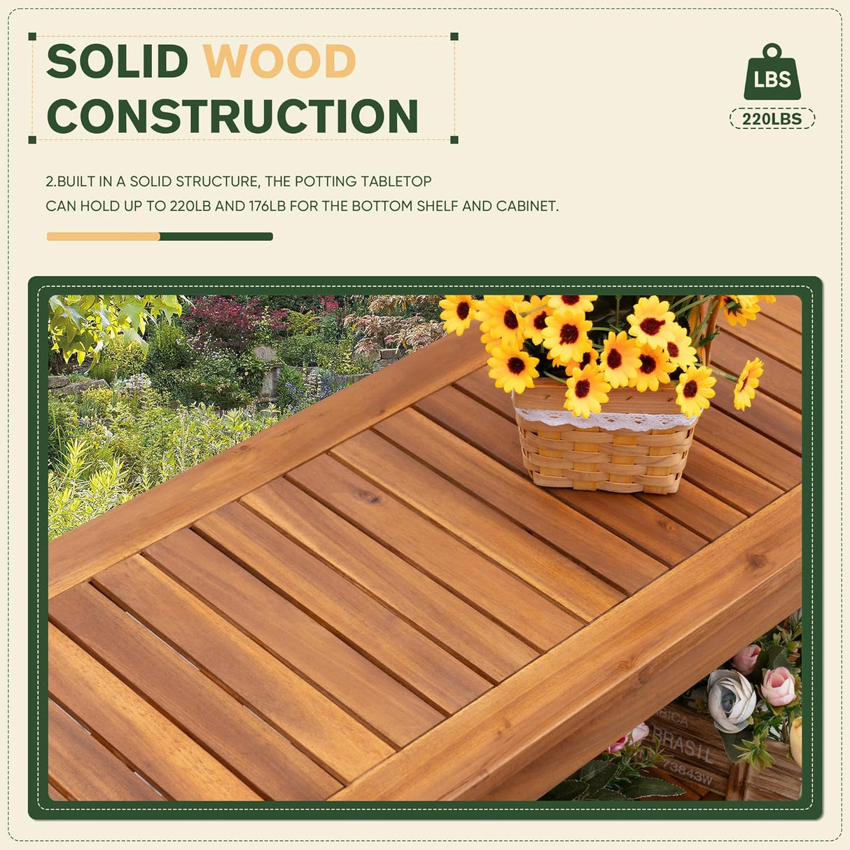 Greesum 2-Tier Outdoor Storage Cabinet in Acacia Wood, with 2 Magnetic Doors, for Garden, Picnic, Buffet, TV Stand, or Bar Table, Brown