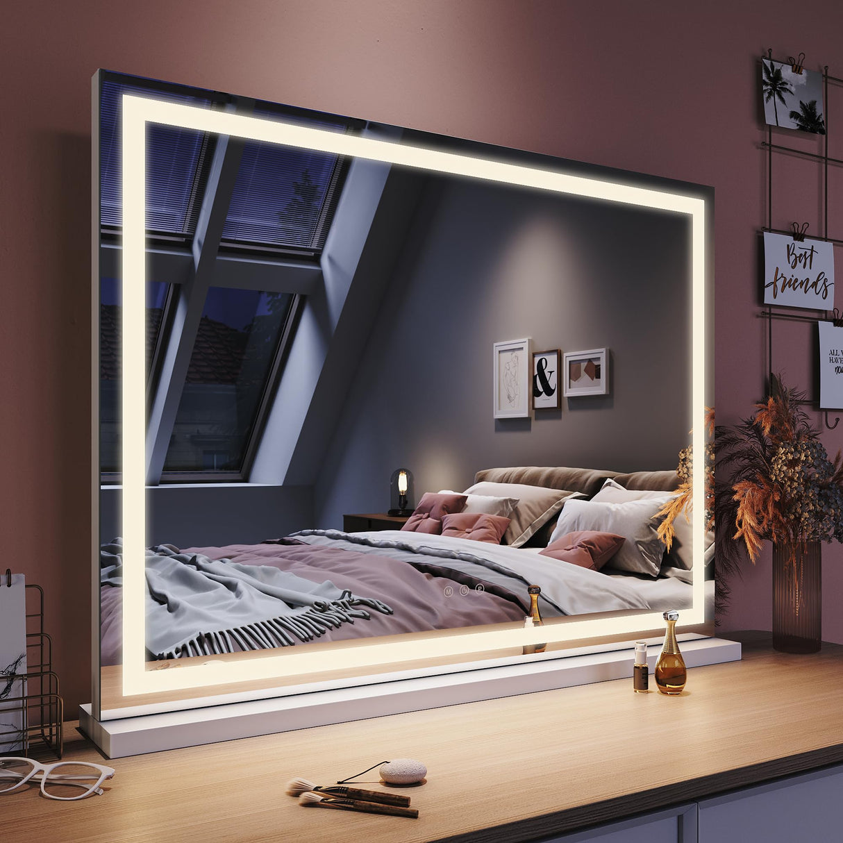 Large Vanity Mirror 3-Color Light Makeup Mirror Hollywood LED Mirror Beauty Cosmetic Dressing Bathroom Decor Dimmable Vanity Mirror Lights with 10X Magnification 80x60cm Hollywood Mirror