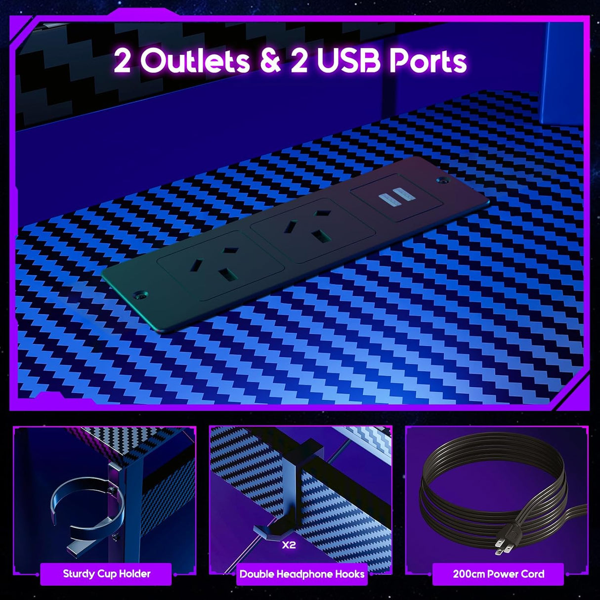 ODK L Shaped Computer Desk, Gaming Desk LED Light Strip and 2 USB 3 Charging Port, Gaming Table with Monitor Surface, Gaming Desks Workstations, Texture Black