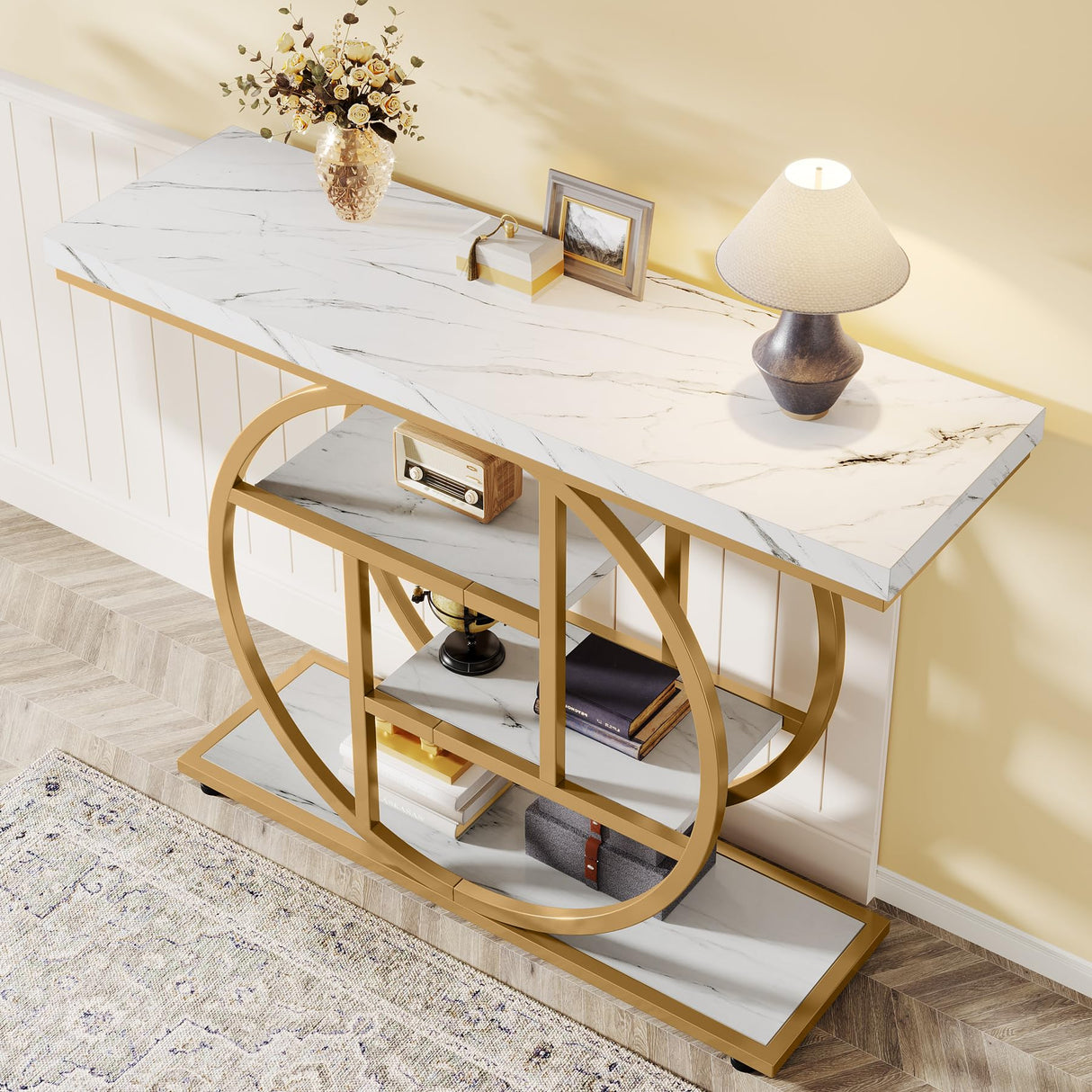 Console Table, 105 cm Industrial 4-Tier Sofa Table Entryway Table with Circle Base, Narrow Wood Accent Tables with Storage Shelves for Living Room, Hallway, Foyer (White Gold)