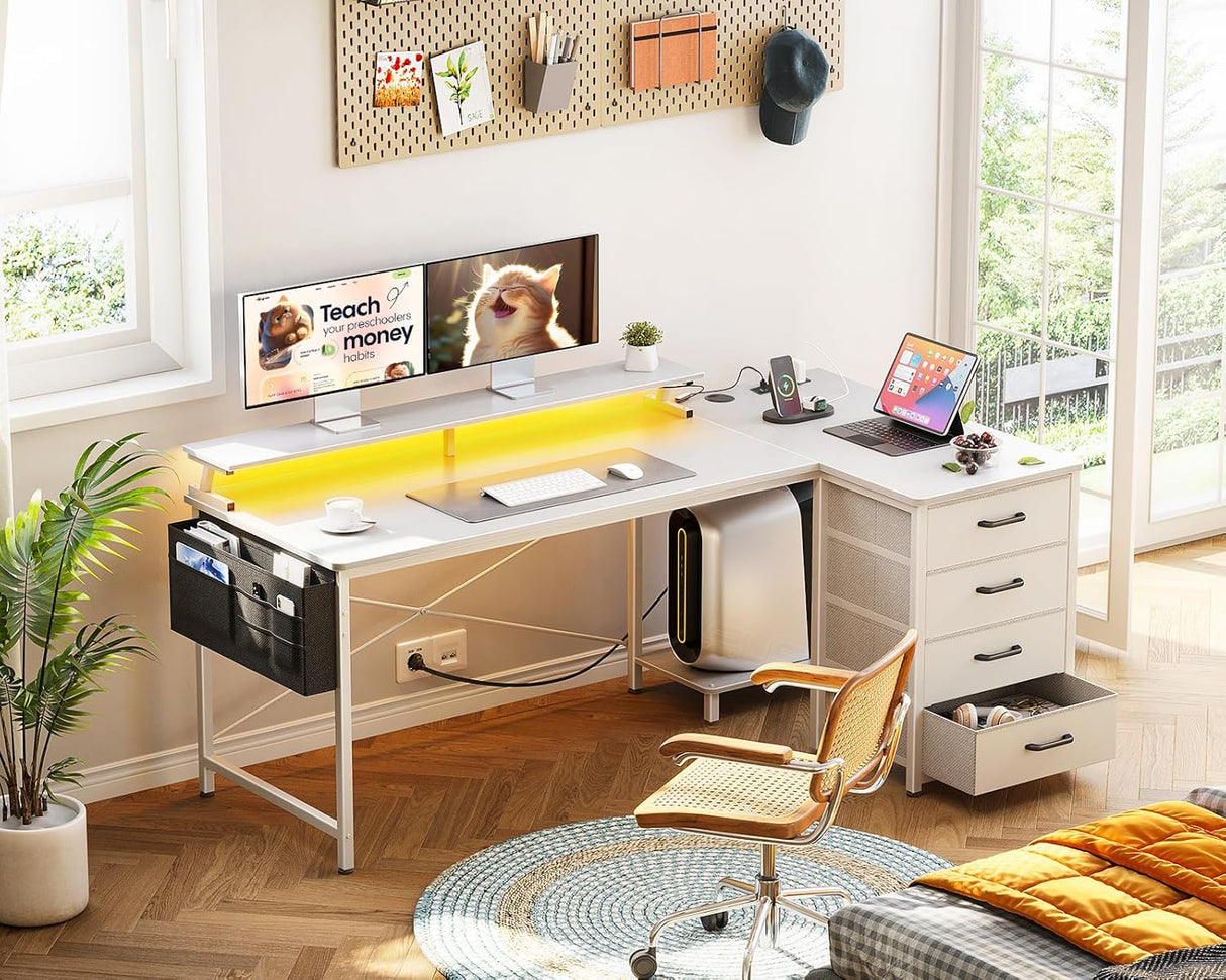 ODK L Shaped Computer Desk with Monitor Stand 140x80cm,Reversible Corner Gaming Desk with LED Lights & Power Outlets& Storage Drawers,for Home Office Writing Study,140 * 80 * 89cm,White