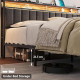 Queen Bed Frame with Storage, Upholstered Bed Frame with LED Lights Headboard and 2 Drawers, Charging Station, Noise-Free, No Box Spring Needed, Easy Assembly, Grey