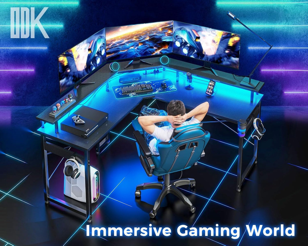 ODK L Shaped Computer Desk, Gaming Desk LED Light Strip and 2 USB 3 Charging Port, Gaming Table with Monitor Surface, Gaming Desks Workstations, Texture Black