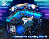 ODK L Shaped Computer Desk, Gaming Desk LED Light Strip and 2 USB 3 Charging Port, Gaming Table with Monitor Surface, Gaming Desks Workstations, Texture Black