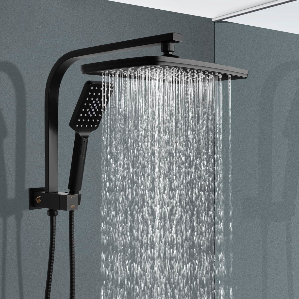 ACA International 12" Rectangle Extra Large High Pressure Shower Head Handheld Gooseneck Arm 2 in 1 Diverter Set, 3-Mode Handheld Shower Hand, Full Body Shower Set for Bathroom (Black)
