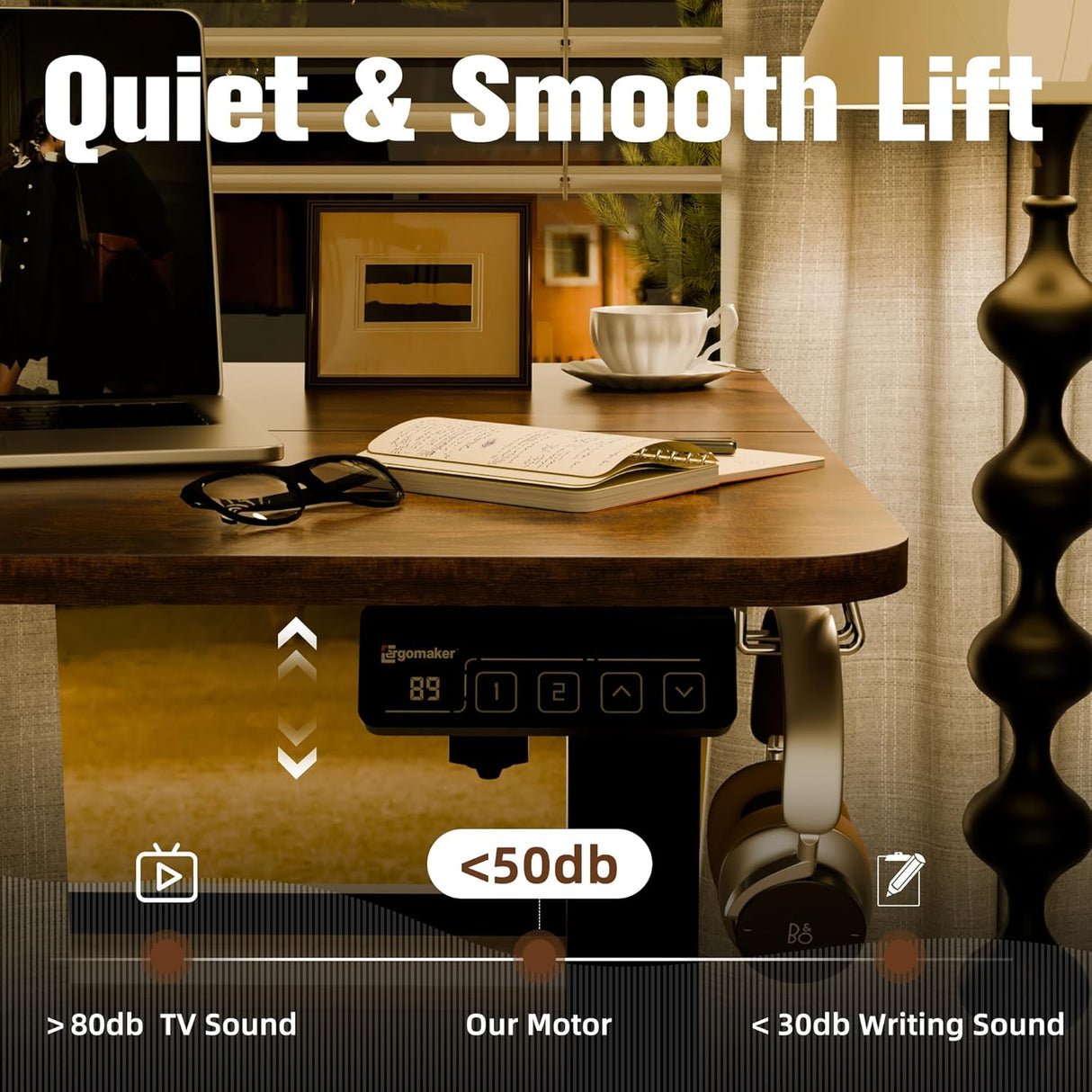 ERGOMAKER Electric Standing Desk 90x60cm (35.4"x23.6"), Height Adjustable Standing Desk with Splice Board, Sit Stand Desk with Hook and Memory Smart Handset(Black Frame + Rustic Brown Desktop)