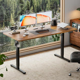 Electric Standing Desk 140x60cm (55.1"x23.6"), Height Adjustable Sit Stand Desk with Hooks, Metal Frame Stand up Desk with Powerful Motor, Ergonomic Computer Desk for Home Office (Brown)