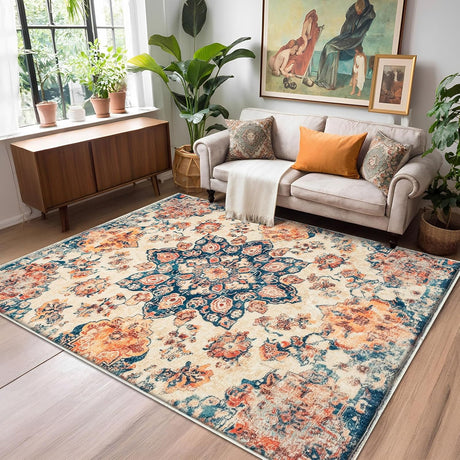 Area Rug Vintage Living Room Rugs Soft Area Rug Machine Washable Carpet Non Slip Rugs for Bedroom Dining Kitchen Indoor Floor Rug (Vintage Caramel Beige)(120 * 160CM)