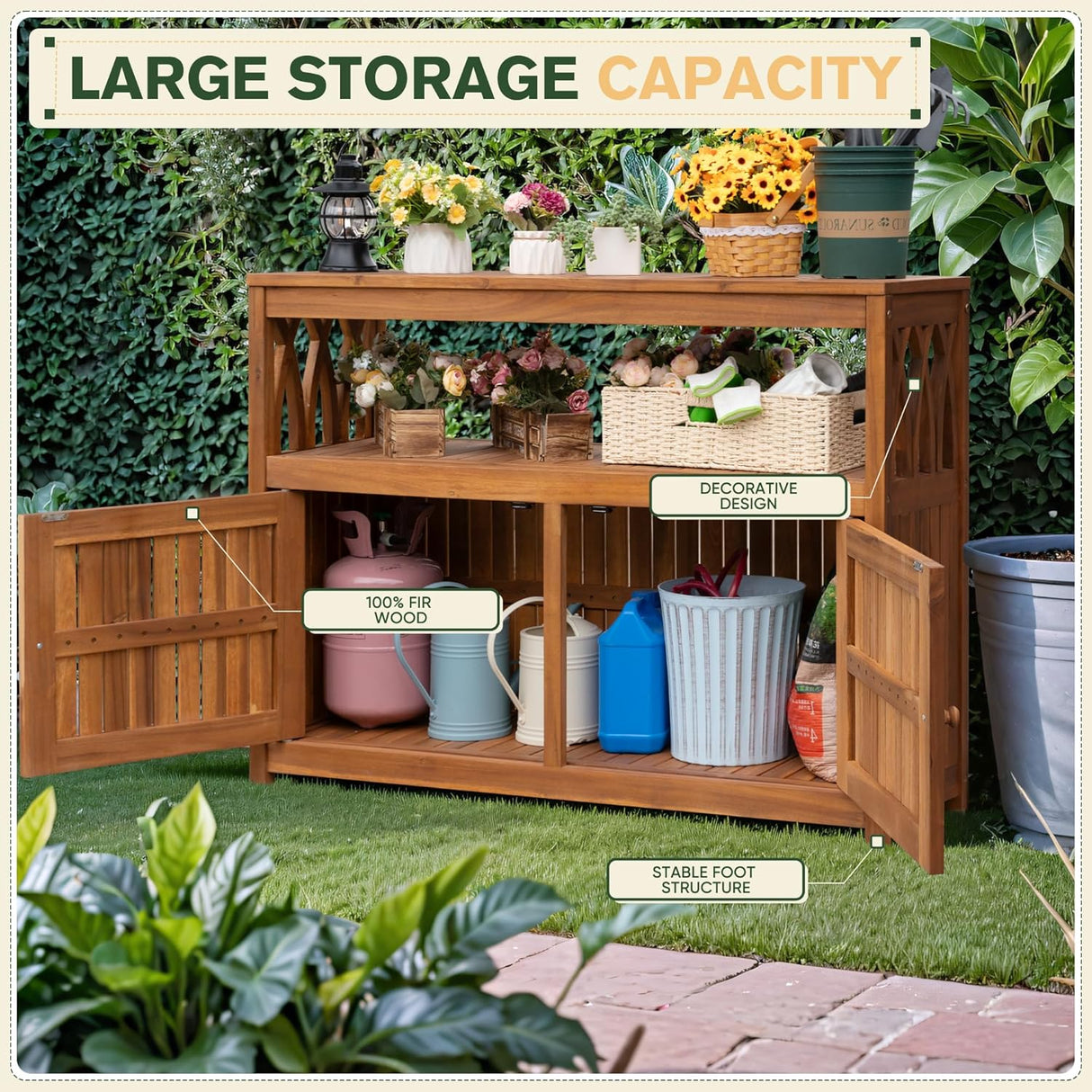 Greesum 2-Tier Outdoor Storage Cabinet in Acacia Wood, with 2 Magnetic Doors, for Garden, Picnic, Buffet, TV Stand, or Bar Table, Brown
