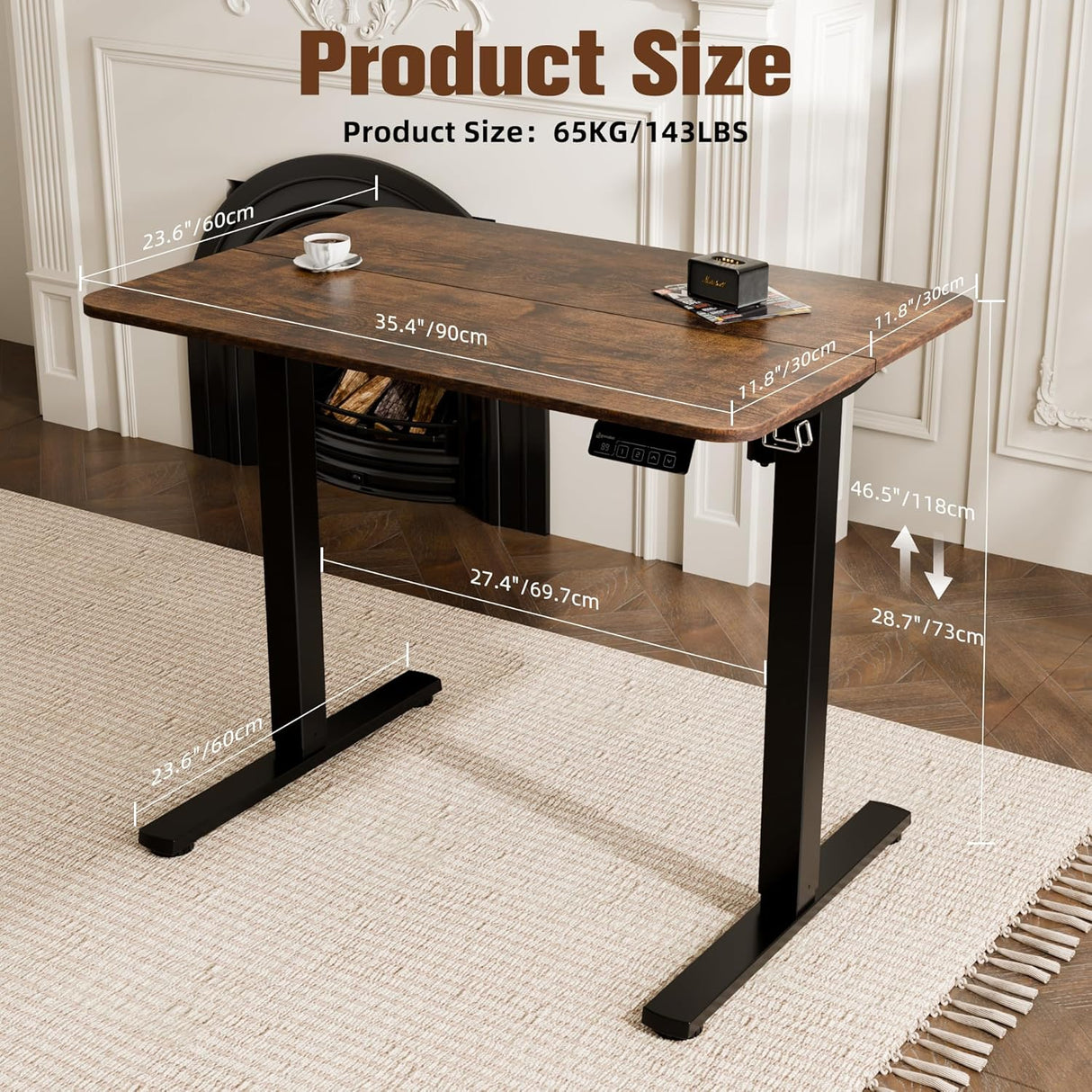 ERGOMAKER Electric Standing Desk 90x60cm (35.4"x23.6"), Height Adjustable Standing Desk with Splice Board, Sit Stand Desk with Hook and Memory Smart Handset(Black Frame + Rustic Brown Desktop)