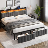 Queen Bed Frame with Storage, Upholstered Bed Frame with LED Lights Headboard and 2 Drawers, Charging Station, Noise-Free, No Box Spring Needed, Easy Assembly, Grey