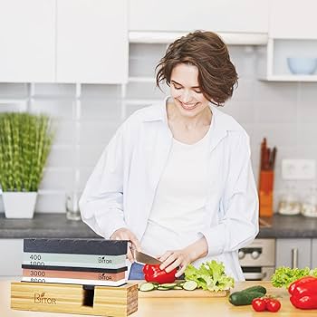 Sharpening Stone,4 Side Grit 400/1000 3000/8000 Grit, Knife Sharpener Stone with Non-Slip Rubber Stone Holder, Flattening Stone,Leather Strop, Honing Guide, Cut Resistant Gloves