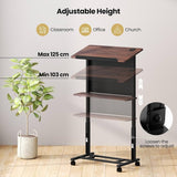 Rolling Podium Stand, 103-125cm Height Adjustable Lectern Table with Tilted Tabletop & Edge Stopper, Mobile Pulpit with Storage Shelf for Classroom, Office, Churches, Walnut