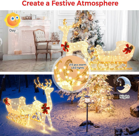 6 FT Christmas Reindeer & Santa’s Sleigh, Xmas Outdoor Yard Decoration with 4 Ground Stakes, Artificial Christmas Décor for Indoor & Outdoor