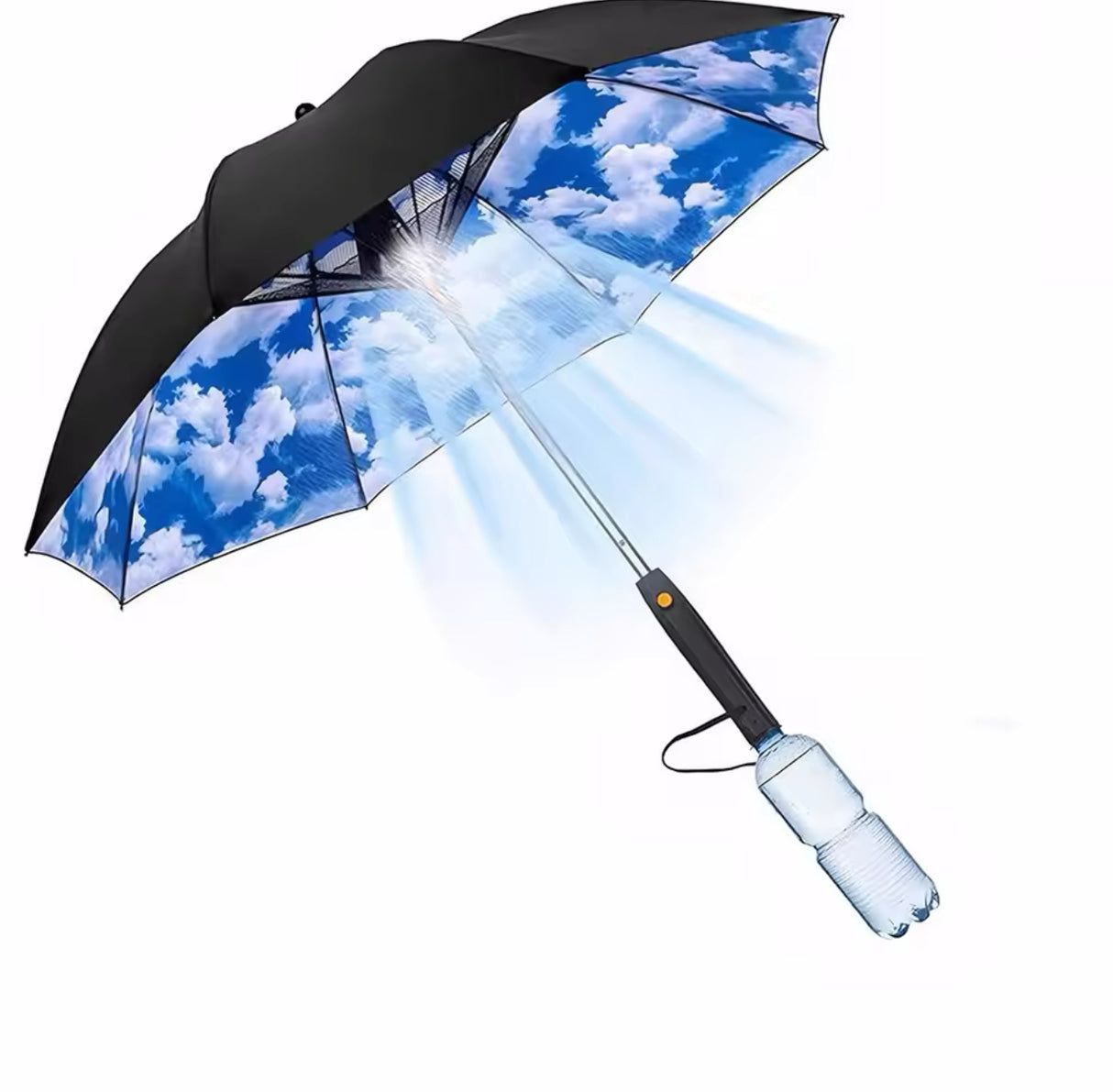 Portable Umbrella For Outdoor Protection | Waterproof Materials 3-in-1 Umbrella With Fan And Sprayer Blue and white cloud