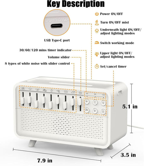 SleepBox Pro™ 3 in 1 Bluetooth Speaker White Noise Sleep Night Light Humidifier, All-in-one Machine Free Combination of 8 Group Nature Sound