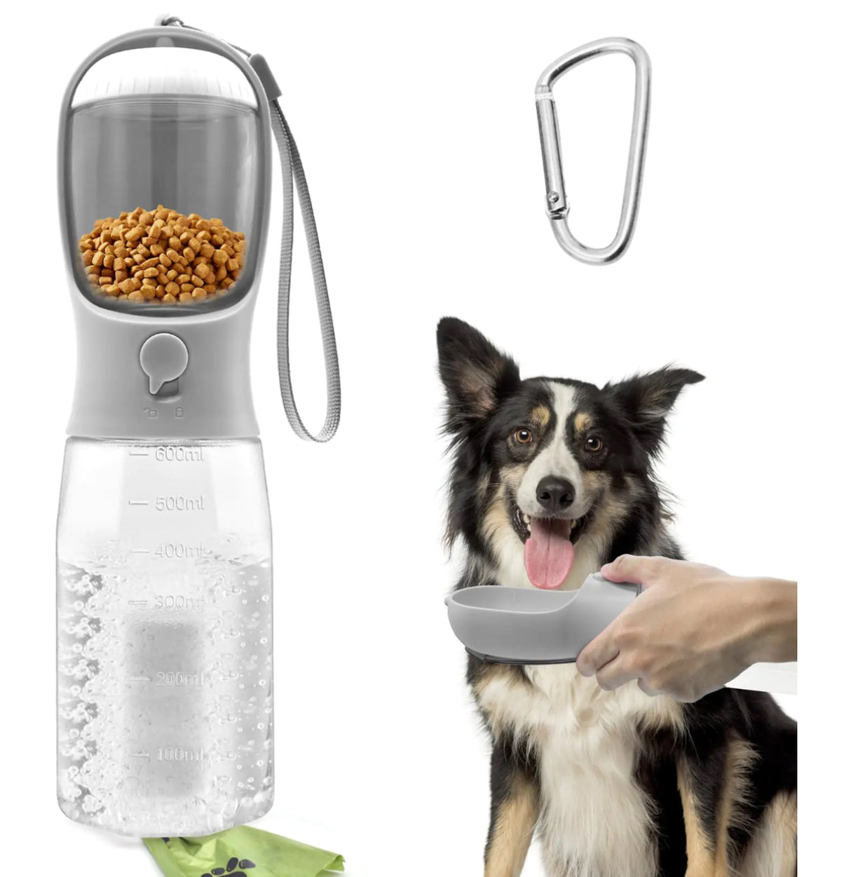 Portable Dog Water Bottle 20oz Dog Water Dispenser with Food Container & Poop Bag HolderBPA-Free Food Grade Leak Proof Dog Cat Travel Drink Bottle Bowl Pet Outdoor Drinking Cup Dog Gift