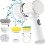 Cordless electric rotary scrubber with 5 replaceable brush heads, rechargeable bathroom and kitchen tile cleaning brush