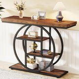 41.3" Console Table, Industrial 4-Tier Sofa Table Entryway Table with Circle Base, Narrow Wood Accent Tables with Storage Shelves for Living Room, Hallway, Foyer, Rustic Brown