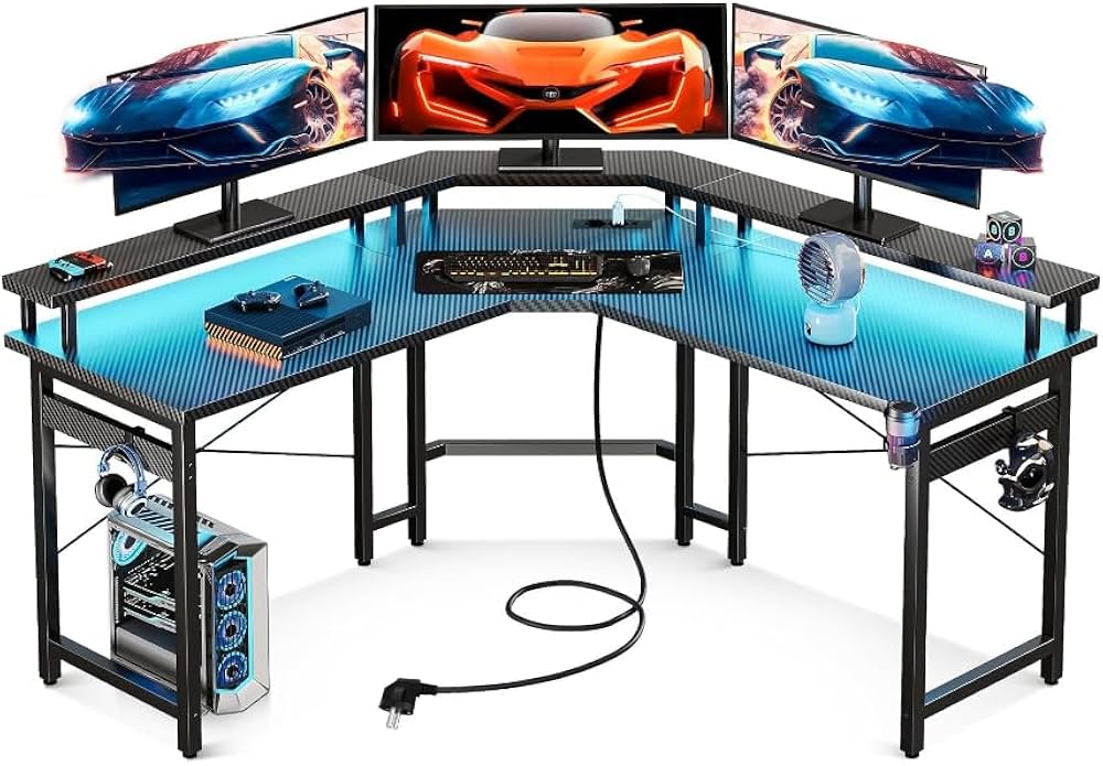 ODK L Shaped Computer Desk, Gaming Desk LED Light Strip and 2 USB 3 Charging Port, Gaming Table with Monitor Surface, Gaming Desks Workstations, Texture Black