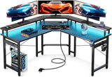 ODK L Shaped Computer Desk, Gaming Desk LED Light Strip and 2 USB 3 Charging Port, Gaming Table with Monitor Surface, Gaming Desks Workstations, Texture Black