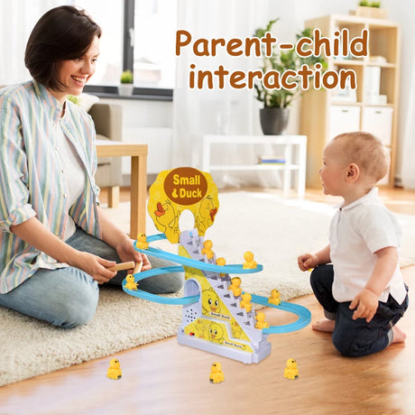 Kids Electric Small Duck Climbing Stairs Toy DIY Track Slide Roller Coaster Toys Set Light Music Boy Girl Gift