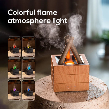 Home campfire aroma diffuser 280ml, desktop USB air spray humidifier remote control colorful flame lamp essential oil diffuser.