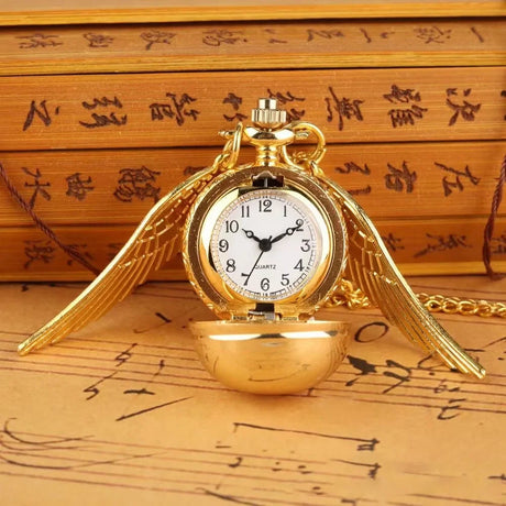 Harry Potter Peripheral Pocket Watch Necklace - Golden Snitch Retro Flip Lid Big Wings Pendant Commemorative Watch