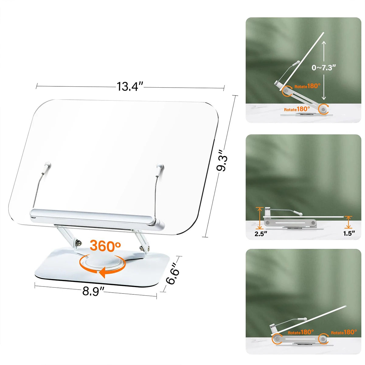 Book Stand for Reading, Adjustable Book Holder with 360° Swivel Base Foldable Stand Recipe Book Holder with Elastic Page Clips